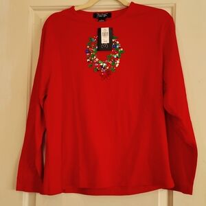 Crystal-Kobe Women's Red Christmas Long Sleeve Shirt Size L w/Jeweled Wreath